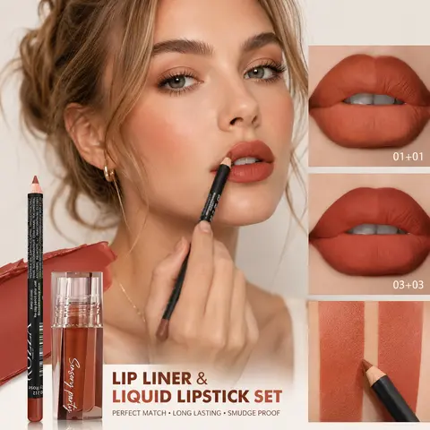 Flawless Lip Gloss & Lipliner Eyeliner Cosmetic Tube Set - Long-Lasting Velvet Matte Finish, Alcohol-Free Moisturizing Nourishing Balm, Smudge-Proof Precision Contour Pencil for Light Beige Tones, Ideal for Daily Makeup