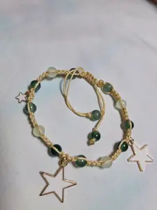 Handmade Macrame Bracelet - Celestial Green & Gold with Three White Star Charms
