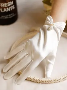 French Style Audrey Hepburn Short Pearl Satin Bridal Gloves, Thin Satin Stage Performance Elegant Handmade Beaded Gloves
