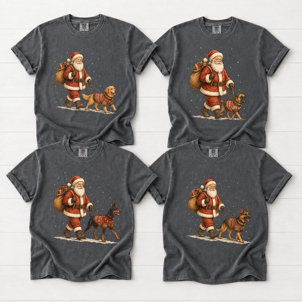 Comfort Colors Dog Breeds 50+ Christmas Shirt | Santa Walking Dog Graphic Tee | Funny Holiday Dog Lover Gift | Vintage Winter Apparel