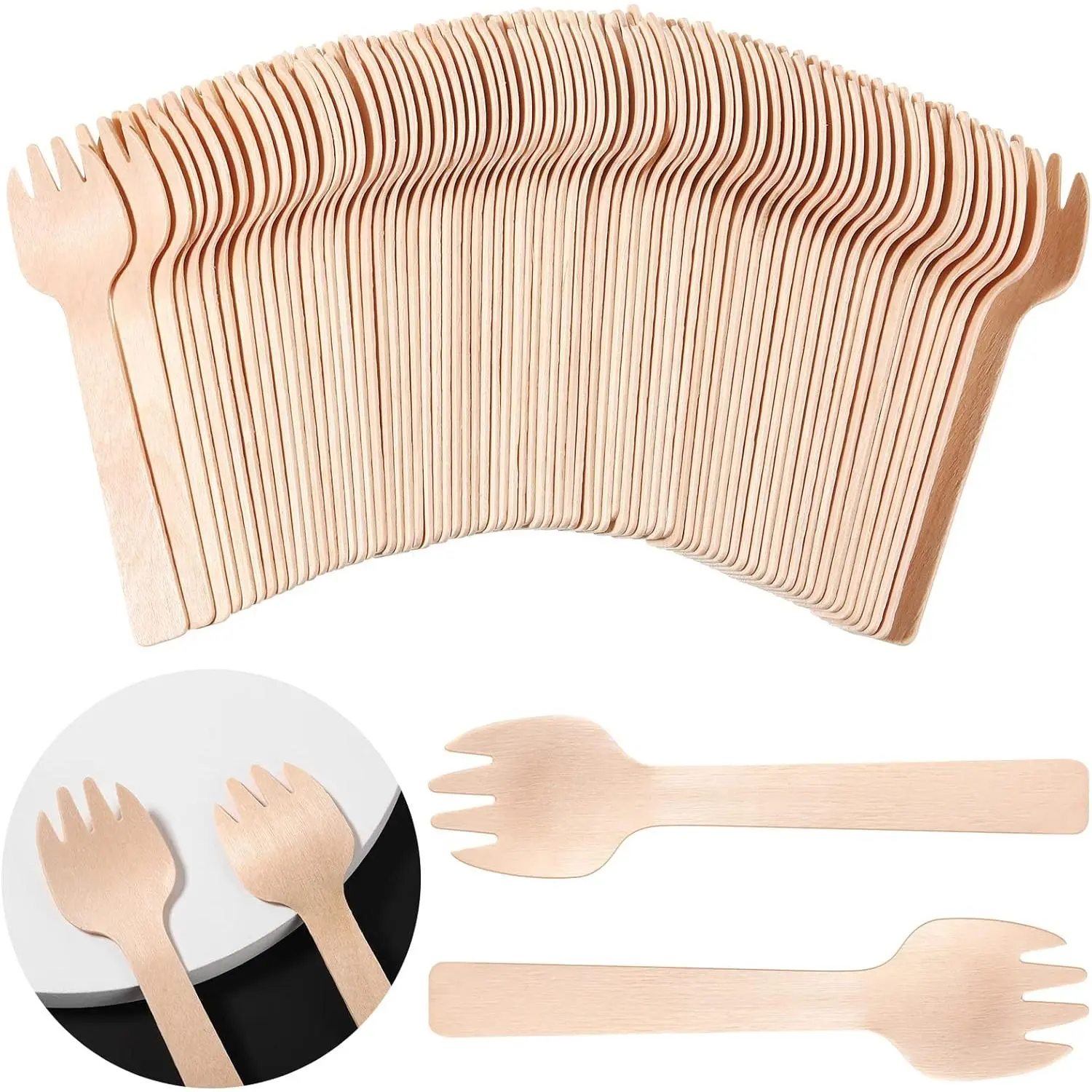 100 count Wooden Forks Disposable Mini Small Sporks Bulk Appetizer compostable forks Cutlery Mini Utensils Cake Fork for Carnival Birthday Party Supplies