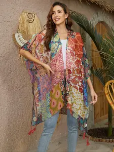 Breezy Lane Women's Patchwork Floral Print 3/4 Sleeve Boho Style Cover Up - Casual Open Front Kimono Outerwear for Beach Vacation, Womenswear Swimwear Cover Up for All Seasons Clothes