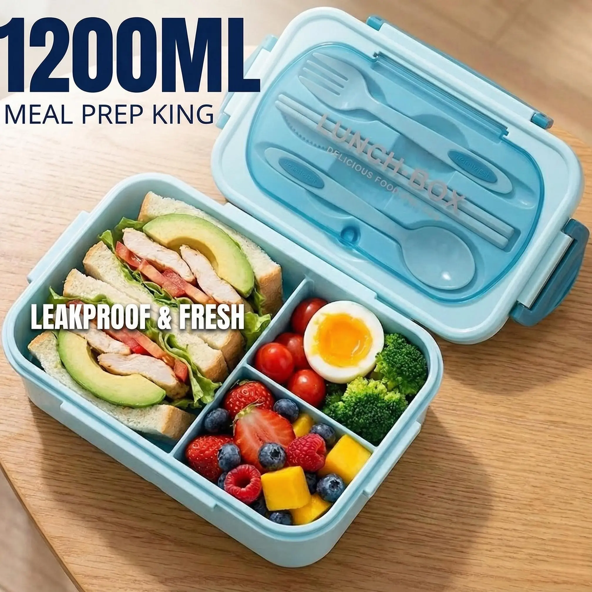 MIUVA 3-Compartment Lunch Box for Adults, 1200 ML Leakproof BPA-Free Food Grade Plastic Tableware with Utensils, Microwave Reheat Safe, Pink