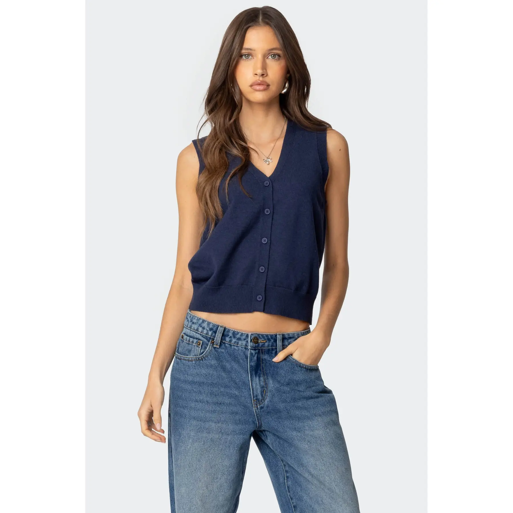 Cam Button Up Knit Vest Top