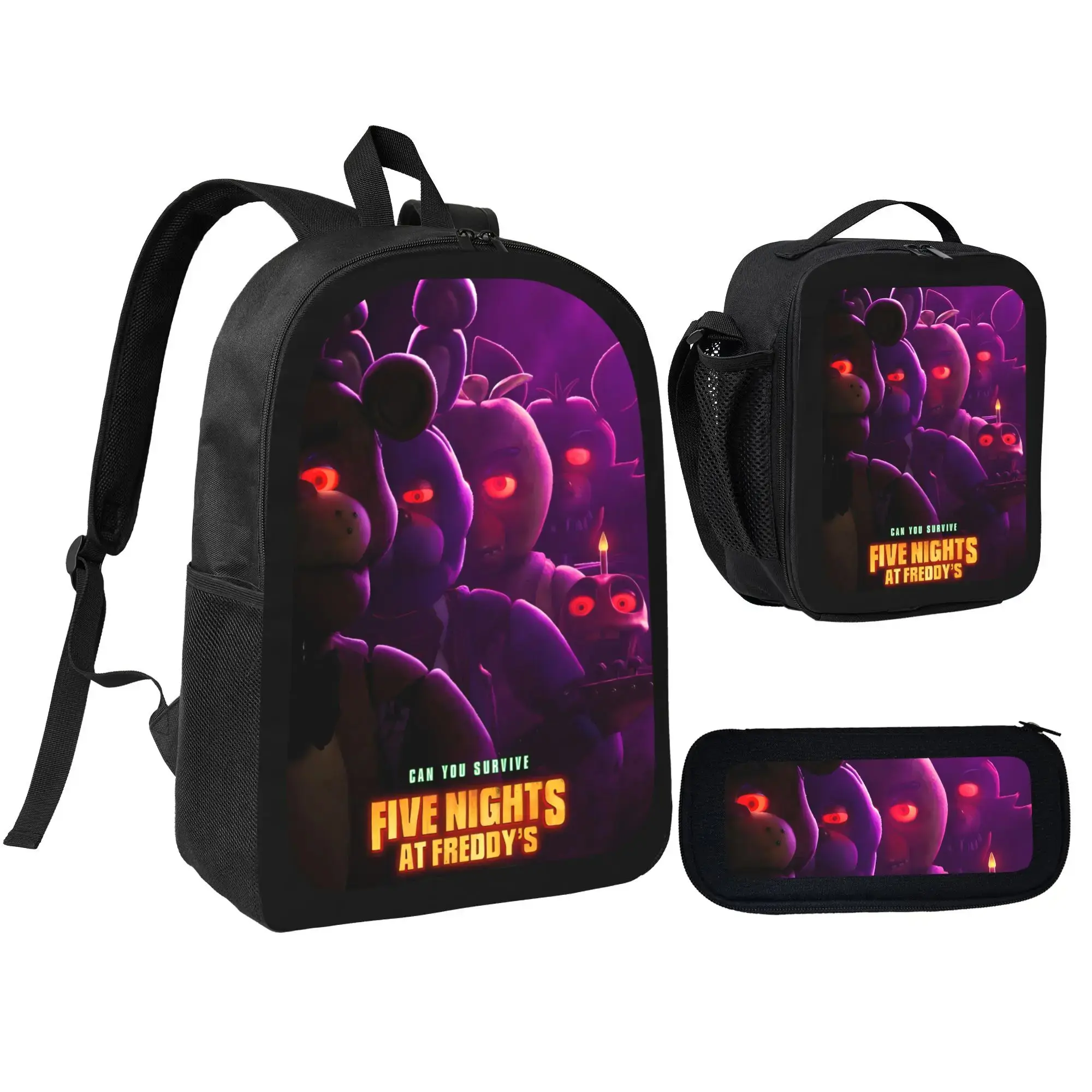 Five Nights at Freddy's 3Pcs Backpack Set, Insulated Lunch Bag & Pencil Case, FNAF Printed School Bags for Boys Girls Teens, Back to School Essentials