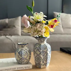 Vintage French Floral Ceramic Vase, Round Ripple Mouth Design, Elegant Home Decor Desktop Flower Pot, High-Value Vase for Living Room