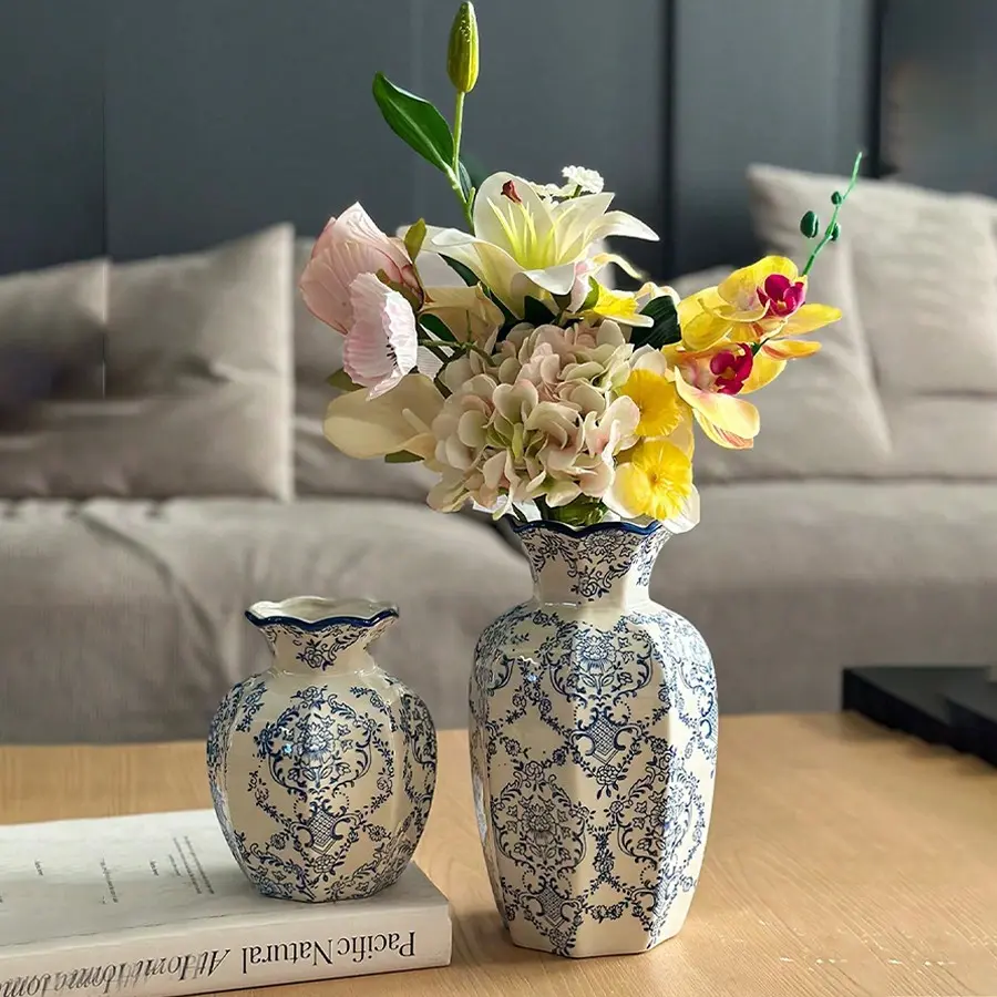 Vintage French Floral Ceramic Vase, Round Ripple Mouth Design, Elegant Home Decor Desktop Flower Pot, High-Value Vase for Living Room, Decorative Vase
