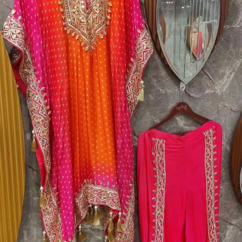 TRENDING CHINON SILK EMBROIDERY DIGITAL PRINTED KAFTAN WITH DHOTI PARROT