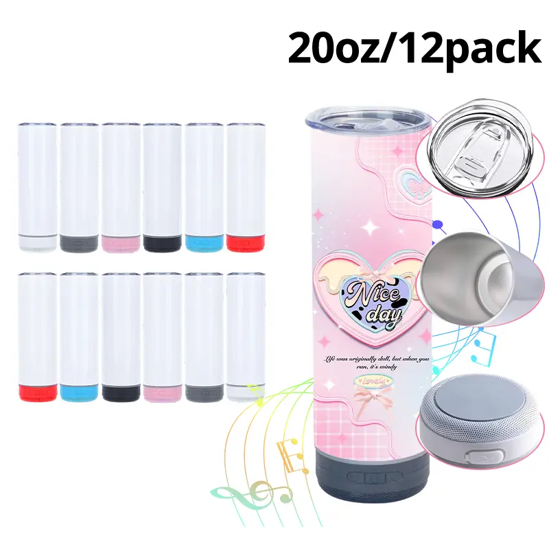12-Pack 20oz Music Bluetooth Sublimation Blank Speaker Tumbler - Stainless Steel Double Wall Vacuum Insulated Reusable Sublimation Multi-Pack Custom-Printed Food-Grade Water Bottle, Reusable Water Bottles, Sublimation Water Bottles