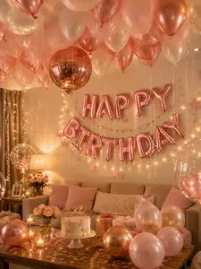 13/59pcs Pink Birthday Party Balloon Set, Pink “Happy Birthday” Foil Banner, Latex & 4D Spherical Balloons, Princess Pink Theme Decorations for Kids & Adults Birthday Party Supplies
