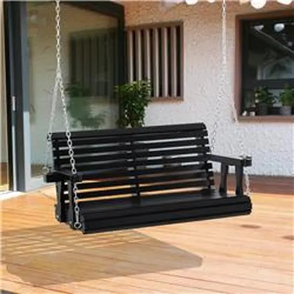 212 Main 84A-146BK 2-Person Solid Wood 46 in. Patio Porch Swing Bench with Cup Holders, Jet Black, Two-Person