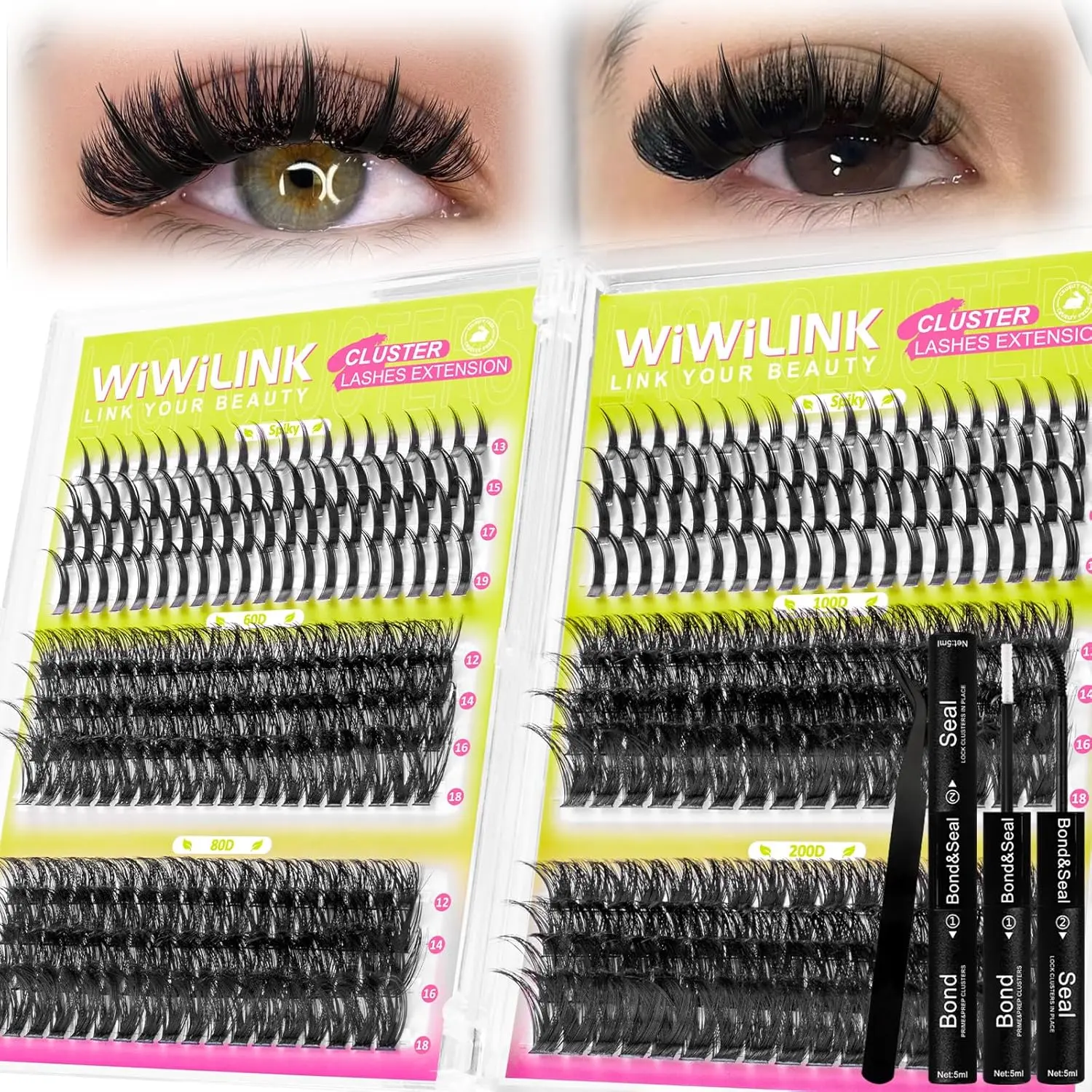 Lash Clusters Kit 60D+80D+100D+200D Individual Spikes Lashes 456PCS 12-18mm Spiky Manga Eyelash Clusters D Curl DIY Eyelash Extension Kit with Cluster Lash Bond & Seal for Anime Eyelashes