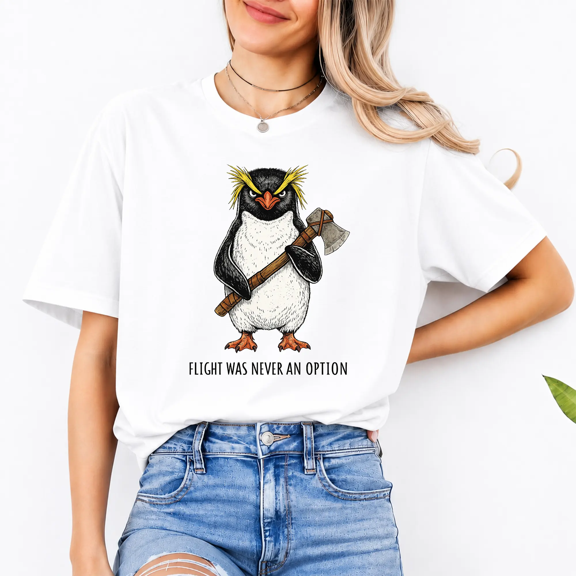 Flight Was Never An Option Shirt, Funny Penguin Axe Graphic Tee, Sarcastic Flightless Bird Humor Shirt, Angry Penguin Animal Meme Tee, Made in USA, 100% Cotton