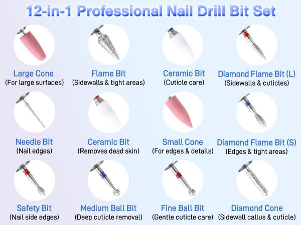 Electric Nail Drill 30000 RPM Brushless Motor, Rechargeable Professional Nail File with Battery & LED Display, Quiet Low-Vibration Nail Drill with 12 Bits for Manicure & Pedicure