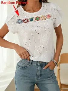 Spring Summer Embroidered Hollow Floral Short Sleeve Shirt Blouse, Petal Sleeves, Contrast Lace, Back Small Slit Design, Bohemian Style, Comfortable Casual Top