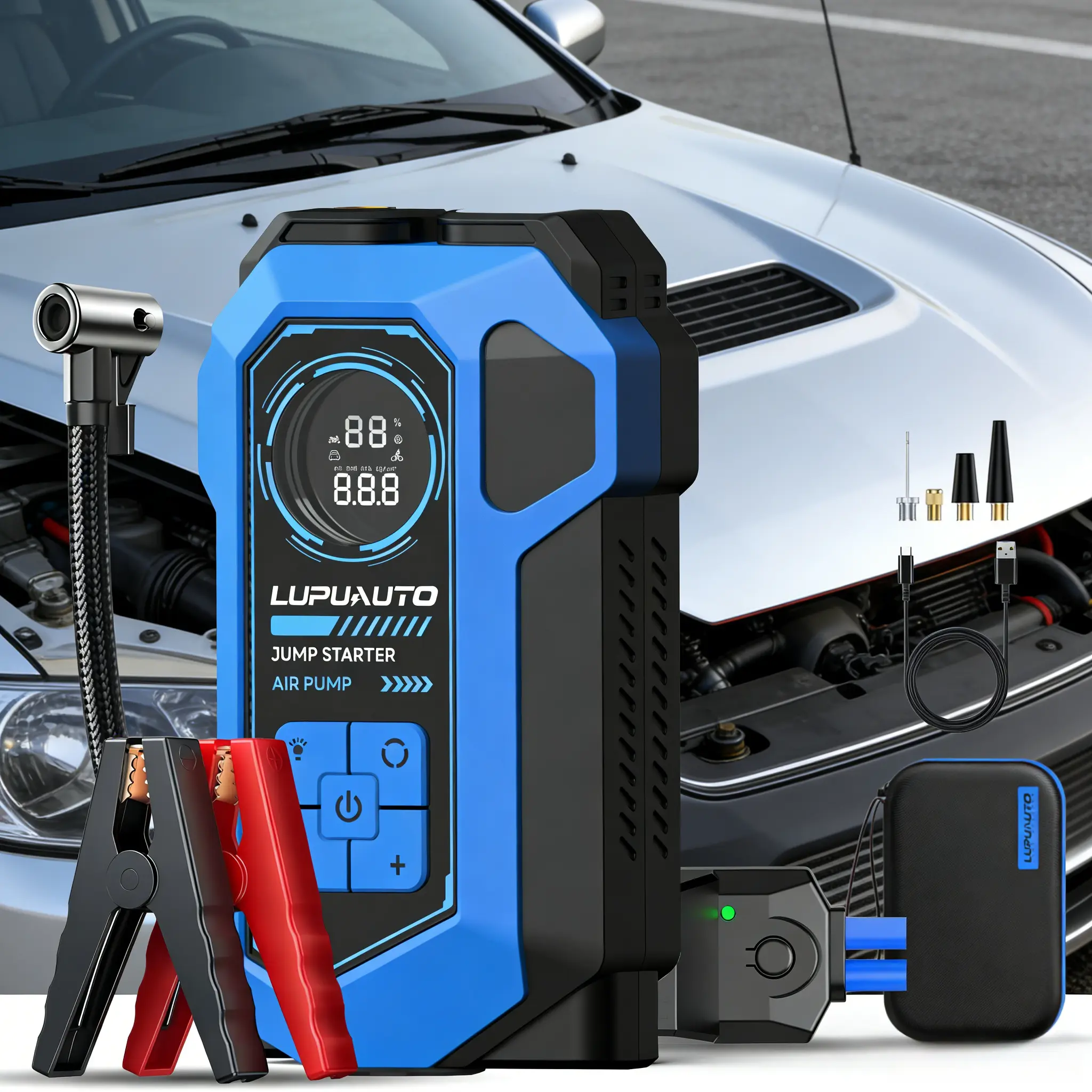 8000mAh High-Capacity Handheld Compact Portable Car Jump Starter with Air Compressor, Display Screen, LED Lights, Multi-Model Adapters, Sports Ball Inflation Port