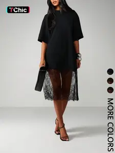 Women's Two-Layer T-Shirt Dress, Crew Neck, Oversized Short Sleeve Knitted Outer, Sheer Floral Lace Midi Underlayer, Soft Breathable Fabric, Casual Daily, Date Night & Party Wear, Edgy Dark Feminine Style