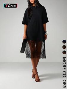 Women's Two-Layer T-Shirt Dress, Crew Neck, Oversized Short Sleeve Knitted Outer, Sheer Floral Lace Midi Underlayer, Soft Breathable Fabric, Casual Daily, Date Night & Party Wear, Edgy Dark Feminine Style