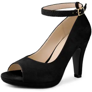 BLISSFUL STEP Platform Peep Toe Ankle Strap Stiletto Heel Pumps for Women