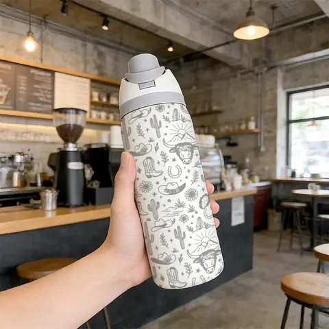 32oz Dual-Use Sports Water Bottle, Western Cowboy Pattern, Large Capacity Stainless Steel Double-Wall Insulated Tumbler, Leakproof Design, Stylish Drinkware, Ideal Gift for Women, Hydration Tumbler
