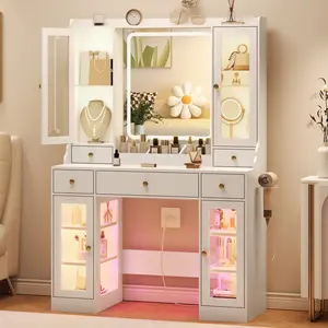 White Vanity Desk with Mirror and Lights, Makeup Vanity Table with Lighted Mirror, 5 Drawers & RGB Cabinet, Dressing Table Set with Charging Station for Girls Bedroom, 3 Lighting Modes