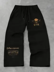 Hardcore Gym Skull Pants, Skeleton Graphic, Loose Fit Drawstring Waist, Street Style Fashion, All Seasons Wear