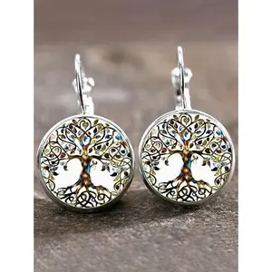 DRESSLILY 2025 Vintage Earrings Life Tree Pattern Round Pattern Hoop Drop Earrings