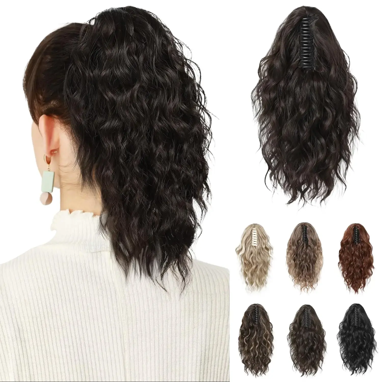 14" Wavy Curly Ponytail Extension in Dark Chocolate Brown, Synthetic Claw Clip Hairpiece for Women, Easy and Secure Hairstyle for Daily or Party Use, Ponytail Hairstyles