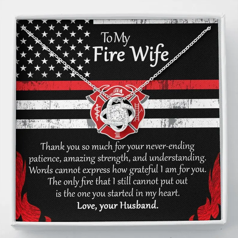 Gold Finish Love Knot Necklace, Thin Red Line Anniversary Gift for a Fire Wife, Casual Cubic Zirconia Pendant with Optional LED Spotlight Box, Female, Adults, Complimentary Soft-Touch Box, Mahogany-Style Luxury Box