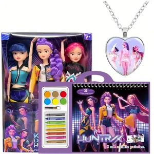 Demon Hunters Merch Set-Include:Action Figures Doll set,Drawing Book and Necklace,Viral Christmas Gifts for Kids Holiday Gifting Fun