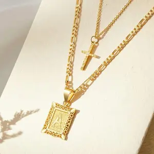 SHOW CRAFT Golden Layered Initial Cross Necklace Square Letter Pendant Figaro Chain Choker A-Z Custom Women's Jewelry