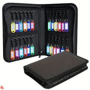 A 24-Slot Key Storage Box, Key Pouch, Portable Zippered Key Organizer, Key Storage Bag, Foldable Storage Container, Black Fabric Zippered Holder with Metal Rings And Label Window, Durable Zip Closure Key Storage Box, Suitable for Office Use