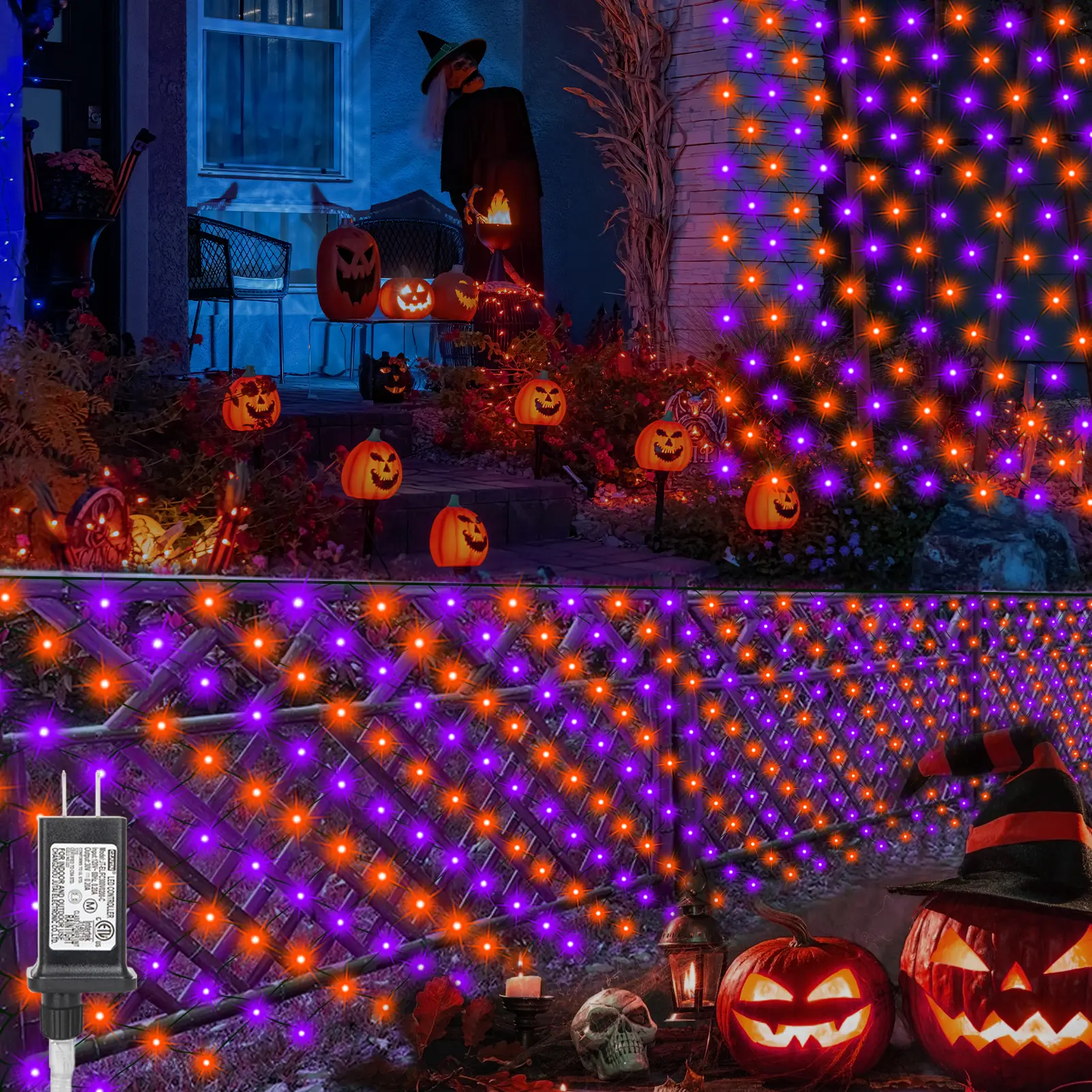 echosari Halloween 200 LED Net Lights, 9.8 FT x 6.6 FT Connectable Mesh Lights with 8 Lighting Modes, Halloween Decorations for Indoor Outdoor Bush Yard Garden Decor
