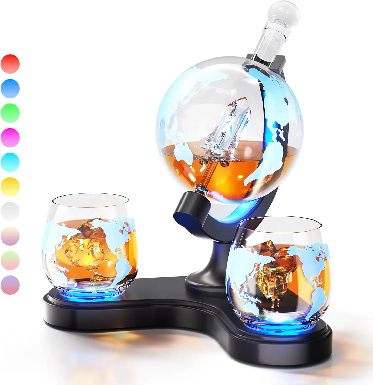 Light Up Whiskey Decanter Gift Set with 2| 7 RGB Colors Liquor Decanter with 10 Lighting Modes, 2 Etched Map, Gifts for Men, Dad, Husband