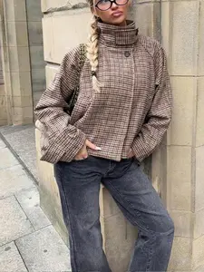 Women's Houndstooth Plaid High Neck Coat, Elegant Button Front Winter Top, Casual Loose Fit Womenswear Outerwear for Fall, Stylish Ladies' Jacket