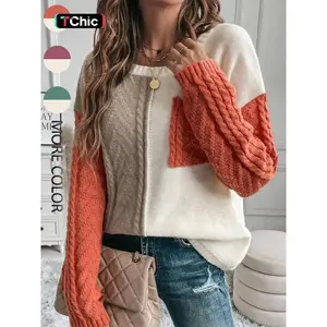 Women's Colorblock Drop Shoulder Sweater, Casual Long Sleeve Round Neck Pullover Jumper for Fall & Winter, Fashion Ladies' Knitwear for Daily Wear