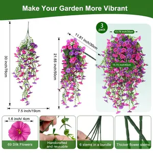 3pcs Outdoor Artificial Hydrangea Vines, UV-Resistant Fake Violet Flowers, Perfect for Hanging Baskets, Garden Porch Decor, Indoor Home Décor