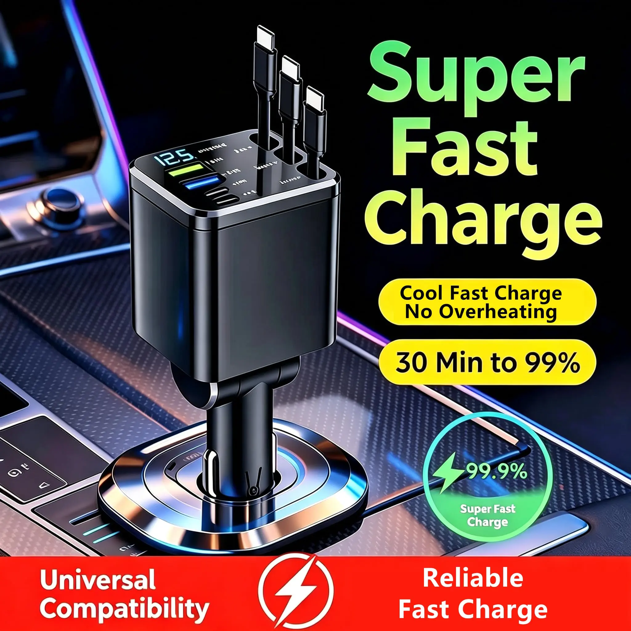 120W Max 7-in-1 Retractable Car Charger - Fast Charging Station with 3 Cables, Star Projector, LED Voltage Display | Premium Car Electronics USB Charger for iPhone, Android | Road Trip Gadget, Father’s Day Gift for Men