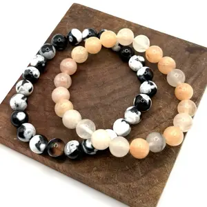 Natural Crystal Beaded Bracelet Set of 2- Pink Aventurine  & Orca  Agate