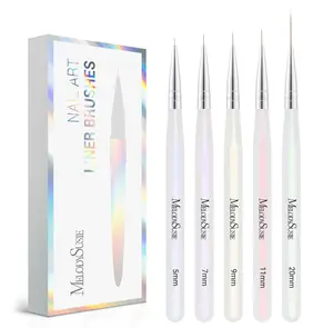 5Pcs Nail Art Liner Brushes Professional Gel Polish Painting Art Design Pen Set for Thin Long Lines, Tiny Details, Fine Drawing, Delicate Coloring Sizes 5/7/9/11/20mm