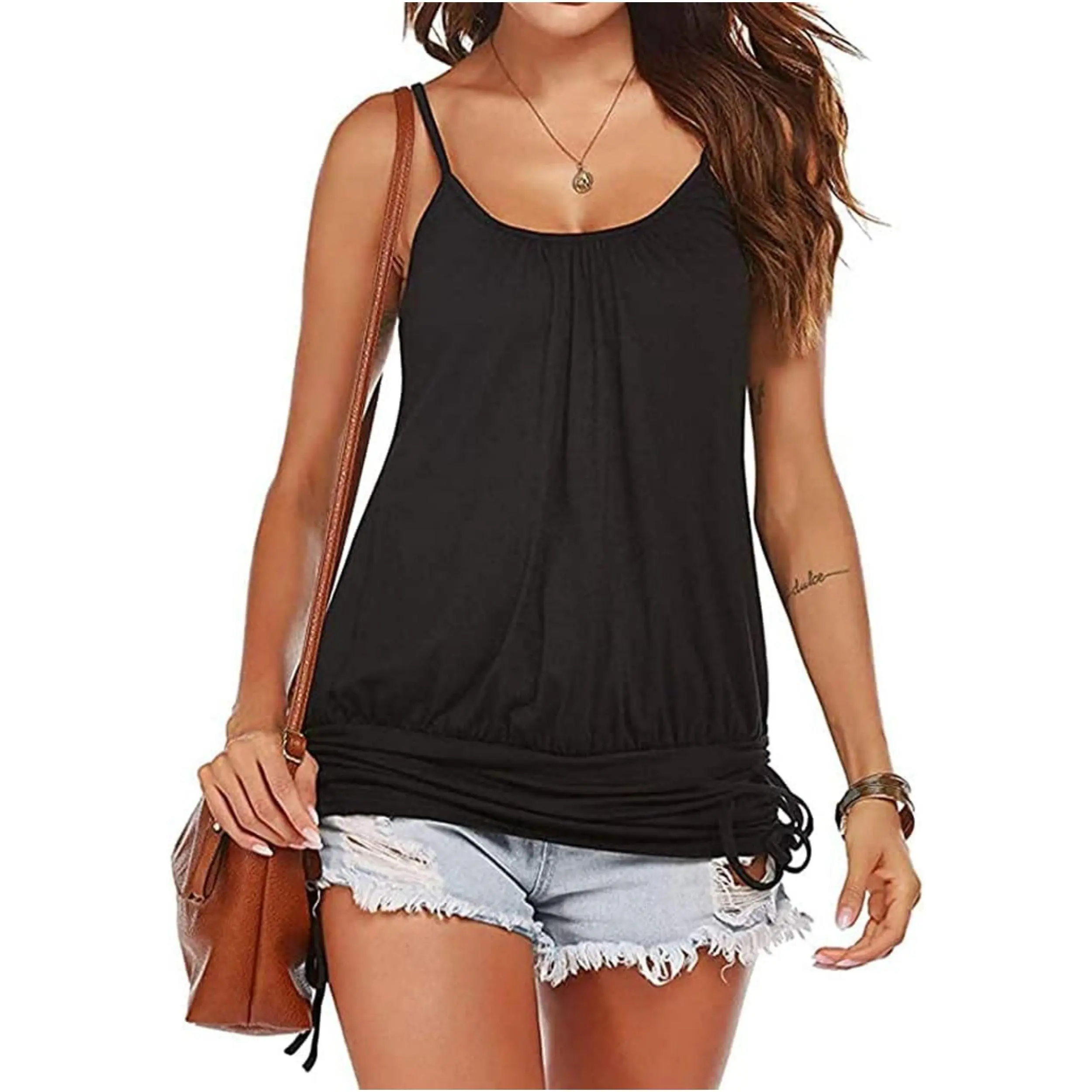 Imily Bela Women Summer Tank Tops Casual Spaghetti Strap Banded Bottom Loose Camisole Side Shirring Lace Up Shirts