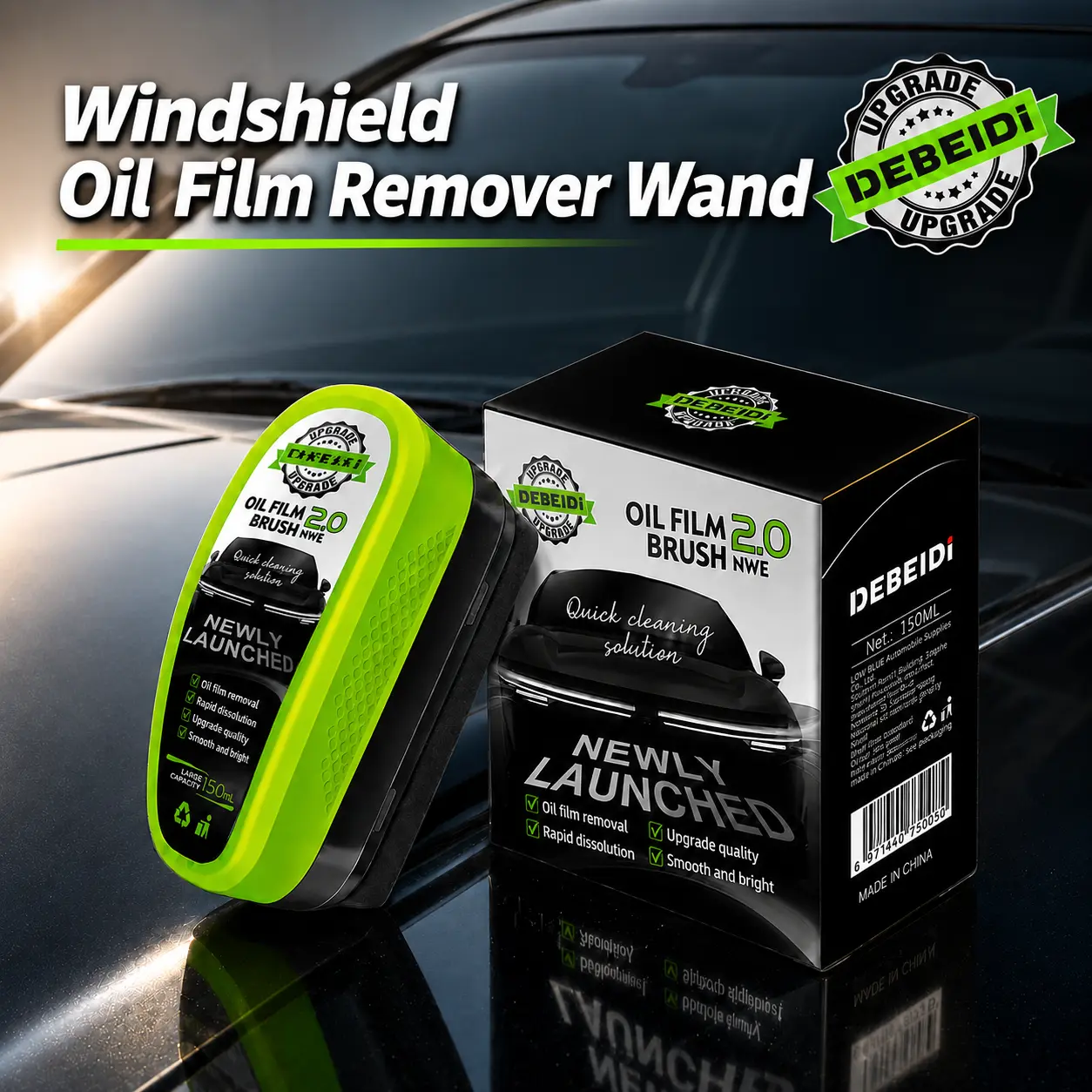 DEBEIDi Windshield Oil Film Remover Wand -150ml Surface Cleaner for Driving, Car Glass & Mirrors, SpongeIncluded Wand with 3-Year Durability, Streak-Free Cleaning Tool