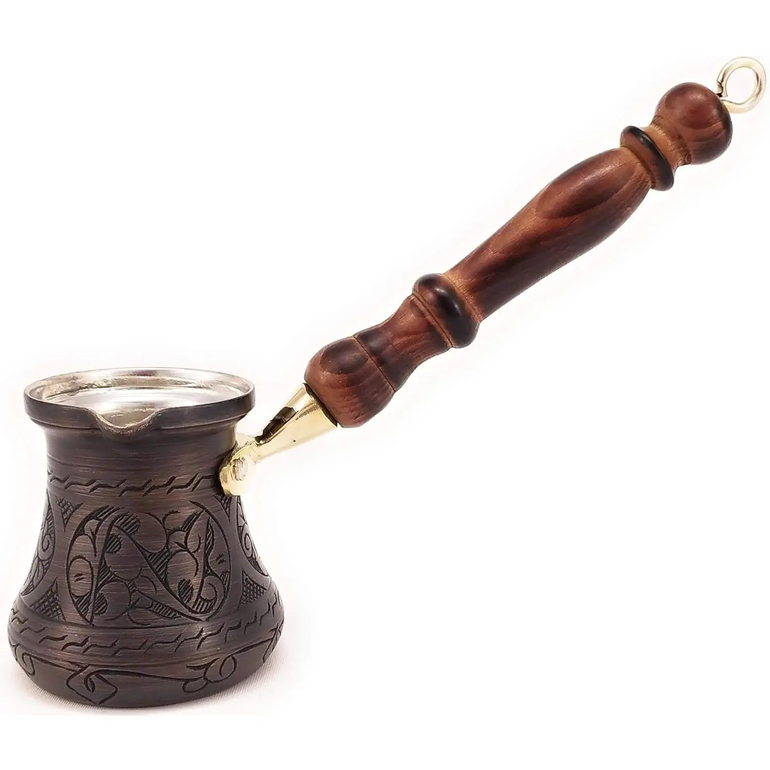 Small (6 fl oz) Engraved Antique Copper Stovetop Coffee Pot, Heavy-Duty Turkish Greek Arabic Jazzve Cezve Ibrik Briki with Wooden Handle