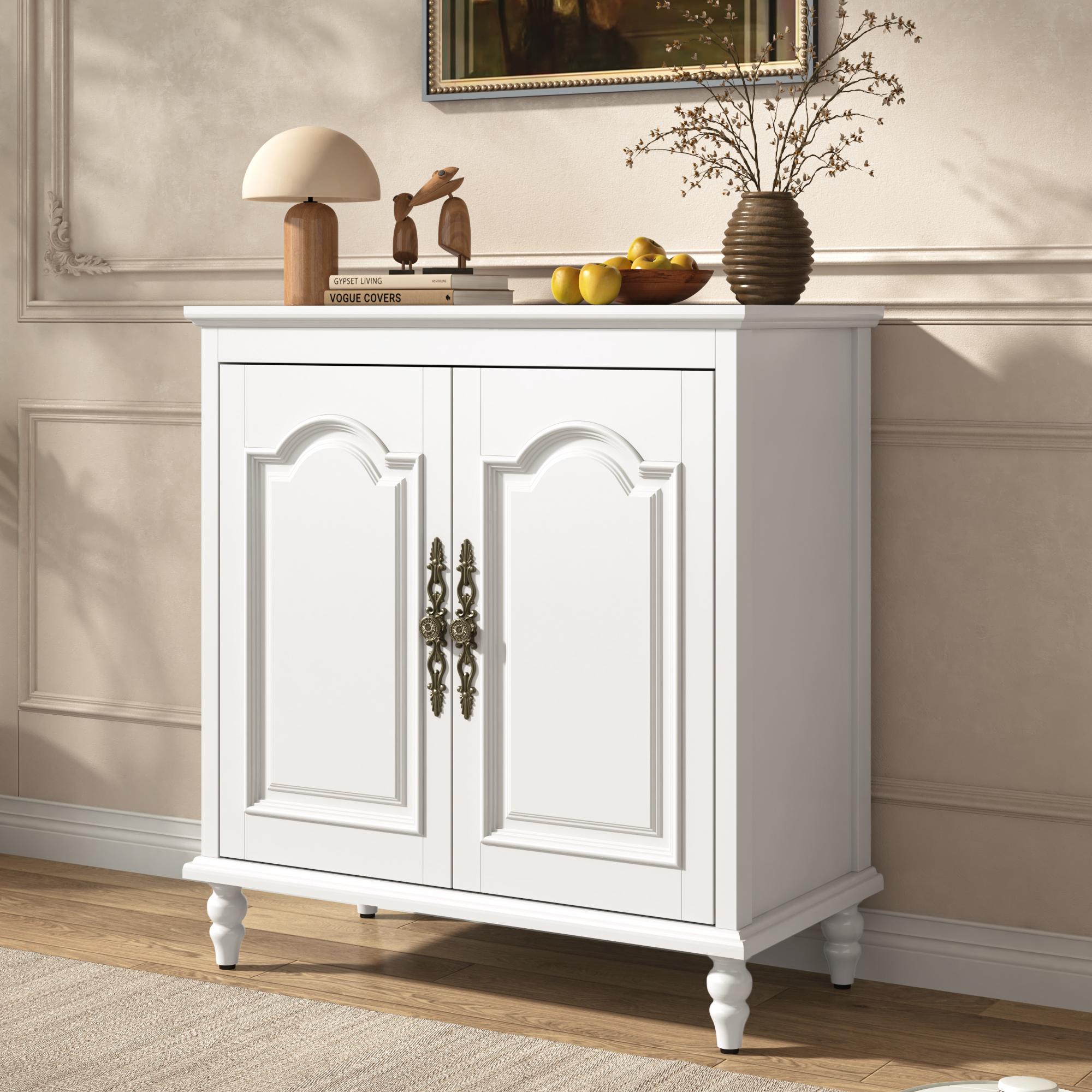 32" Farmhouse Sideboard Buffet Cabinet with Farmhouse Look, Wood Carving Design, Brass Carved Handles, Solid Wood Gourd Legs, Adjustable Shelves, Multi-Function Media Console for Entryway & Dining Room