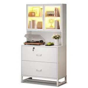 2 Drawers File Cabinet with Bookshelf and Lock & Charging Station White 2 Drawers File Cabinet with Bookshelf and Lock & Charging Station White