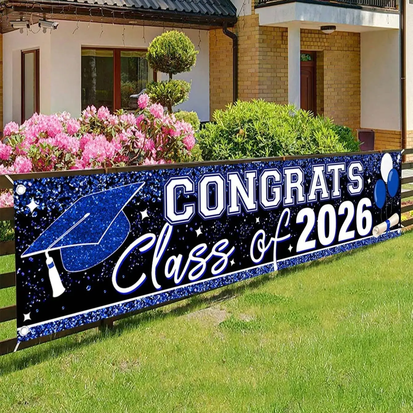2026 Graduation Congrats Banner Blue Glitter Grad Cap Design Large Outdoor Yard Sign Hanging Decoration, Golden Accents Party Decor for High School & College Graduation Celebration