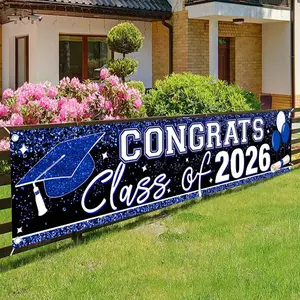 2026 Graduation Congrats Banner Blue Glitter Grad Cap Design Large Outdoor Yard Sign Hanging Decoration, Golden Accents Party Decor for High School & College Graduation Celebration summerwins