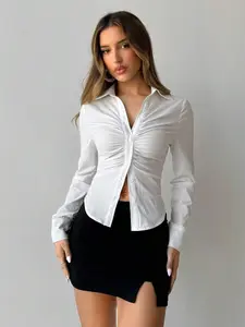 New Office Commute Daily Sharp Collar Pleated Chest Button Stand Collar Single Row Buckle Slim Long Sleeve Shirt