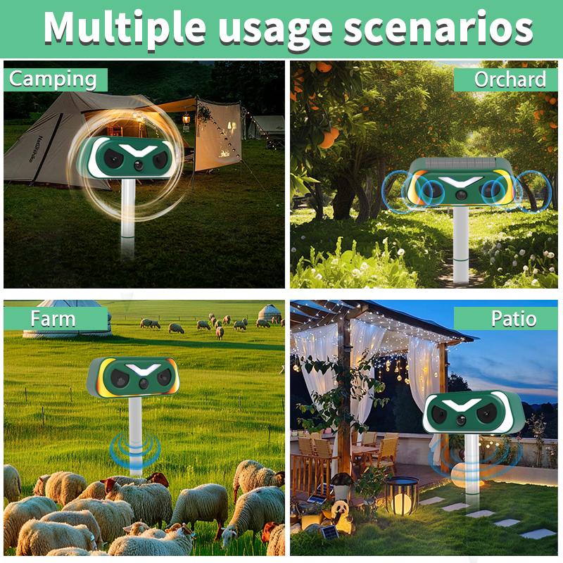 Solar Ultrasonic Flame Lamp Animal Repeller - Home Essentials, 3-9M PIR Motion Sensor, IP66 Waterproof Outdoor Pest Control Stake for Yard, Garden, Repels Squirrels, Deer, Birds, Rats, Weasels, Mosquitoes