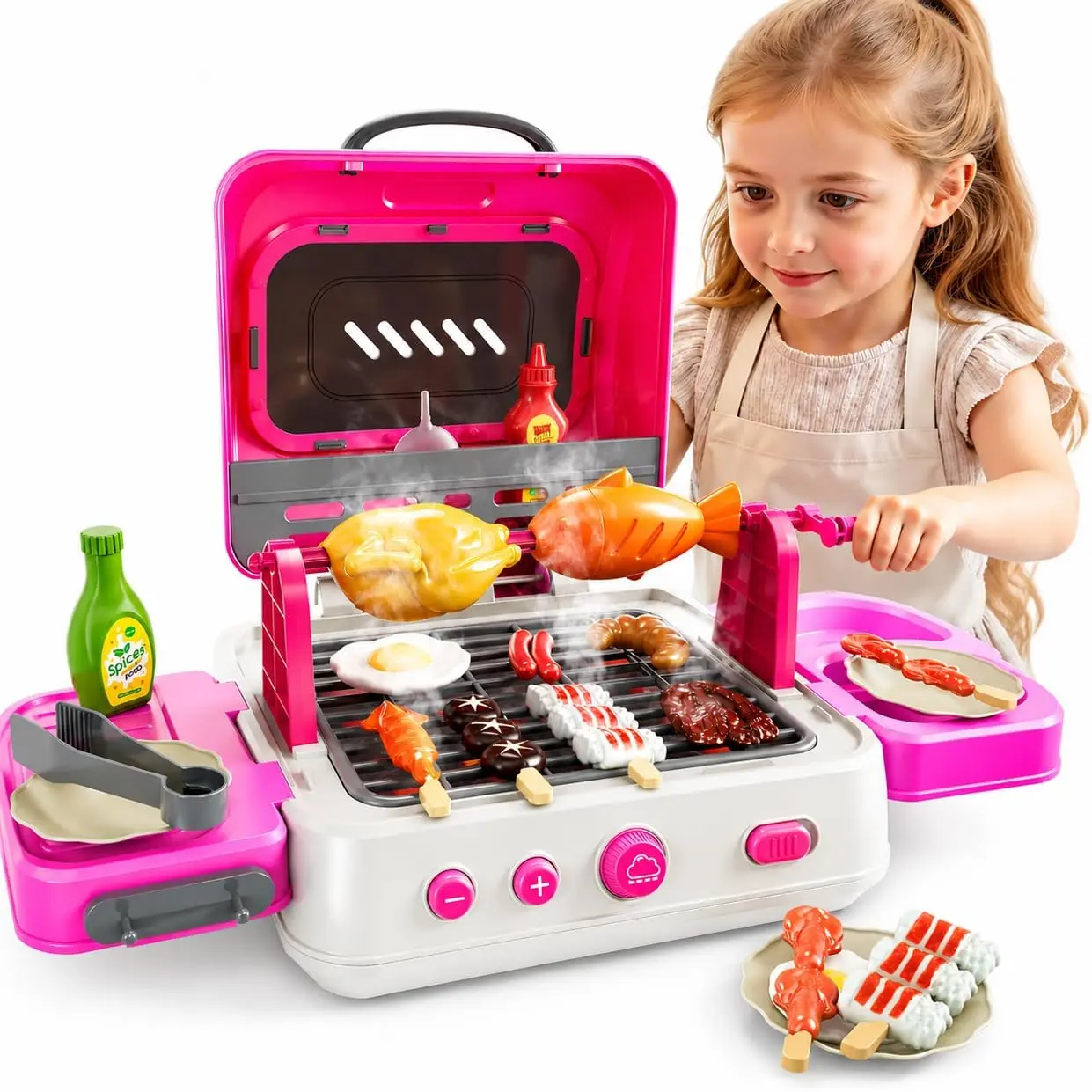 Kids BBQ Grill Playset, Play Kitchen Toys with Smoke, Play Food, Cooking Toys for Kids Ages 4-8, Lights and Sounds, Indoor and Outdoor Toy, Birthday Gift Boys and Girls 3 4 5 6 7